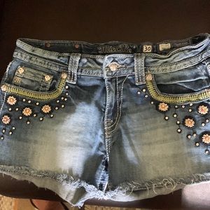 MISS ME blue denim floral patchwork shorts with embroidery, rhinestones, size 30
